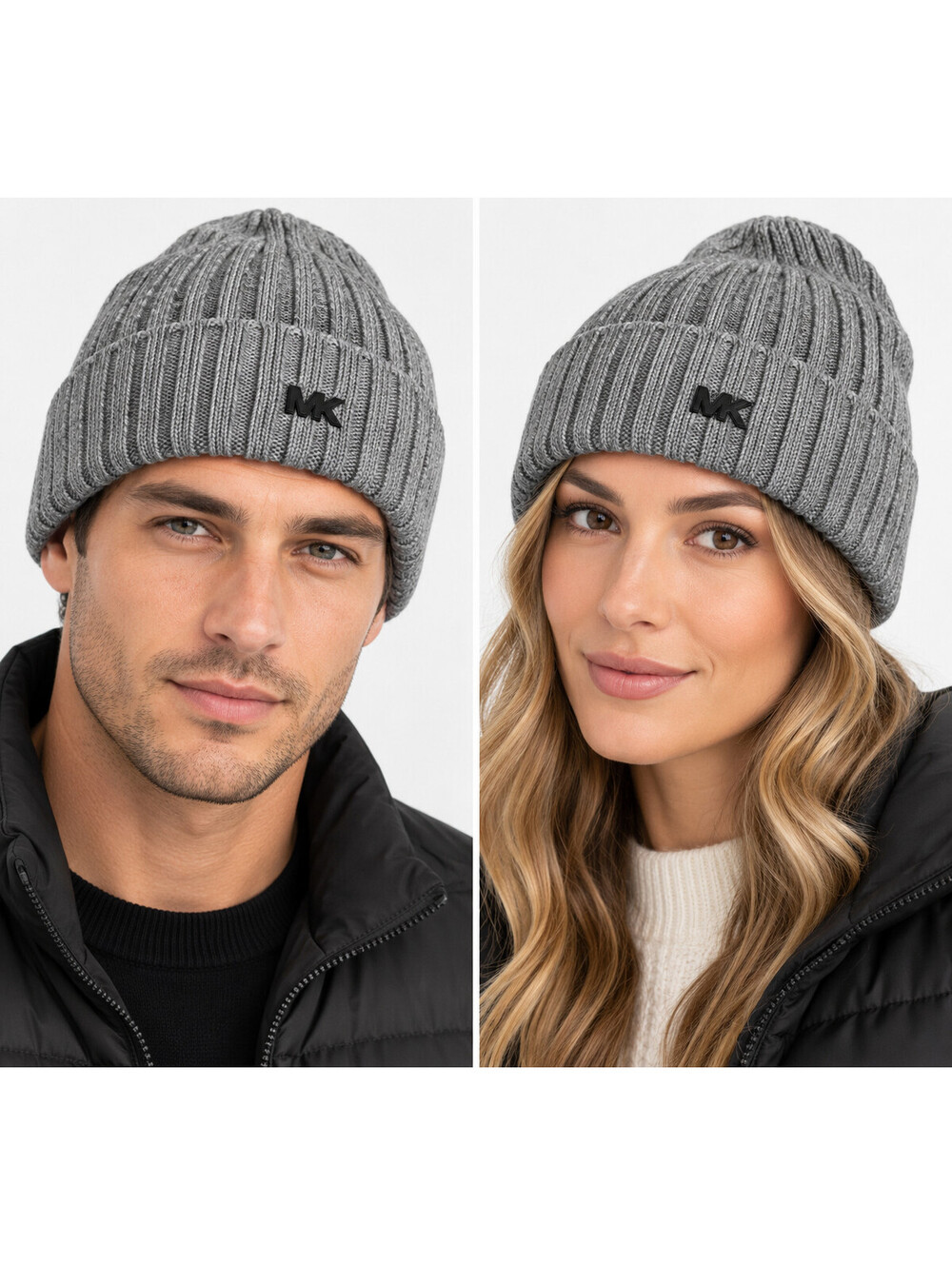 Michael Kors Men’s Gray Ribbed Knit Beanie Hat MK Logo Wool Blend NWT $58